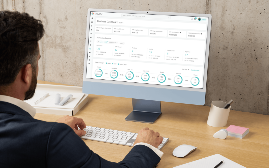 Close-up of a computer screen showing a real estate CRM dashboard with charts, lead tracking, and team accountability metrics, with an agent analyzing the data.