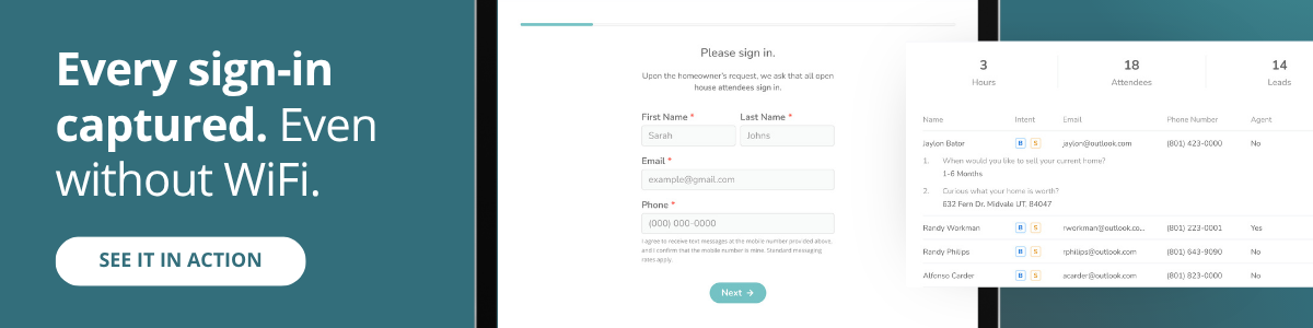 Brivity-open-house-features-sign-in-cta Brivity Open House App sign-in form and attendee lead list showing real estate lead capture in action